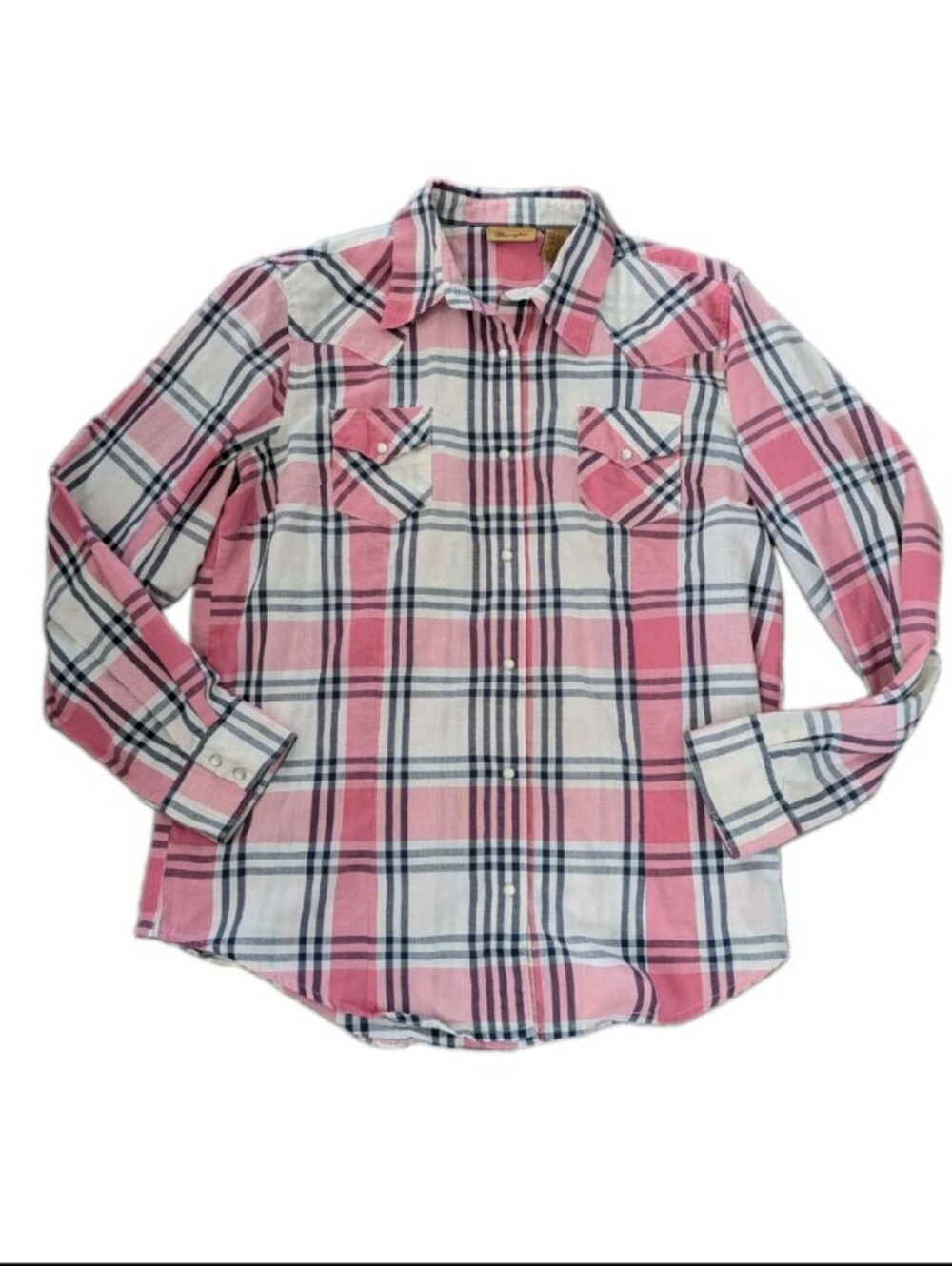 Wrangler Western Pearl Snap Shirt Womens Large Pink Blue Plaid Cowgirl